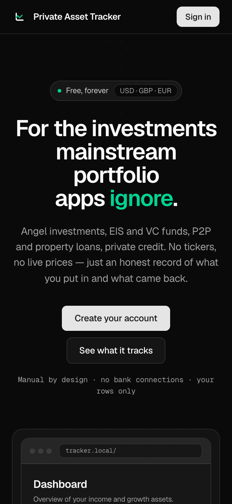 Private Asset Tracker : aperçu mobile