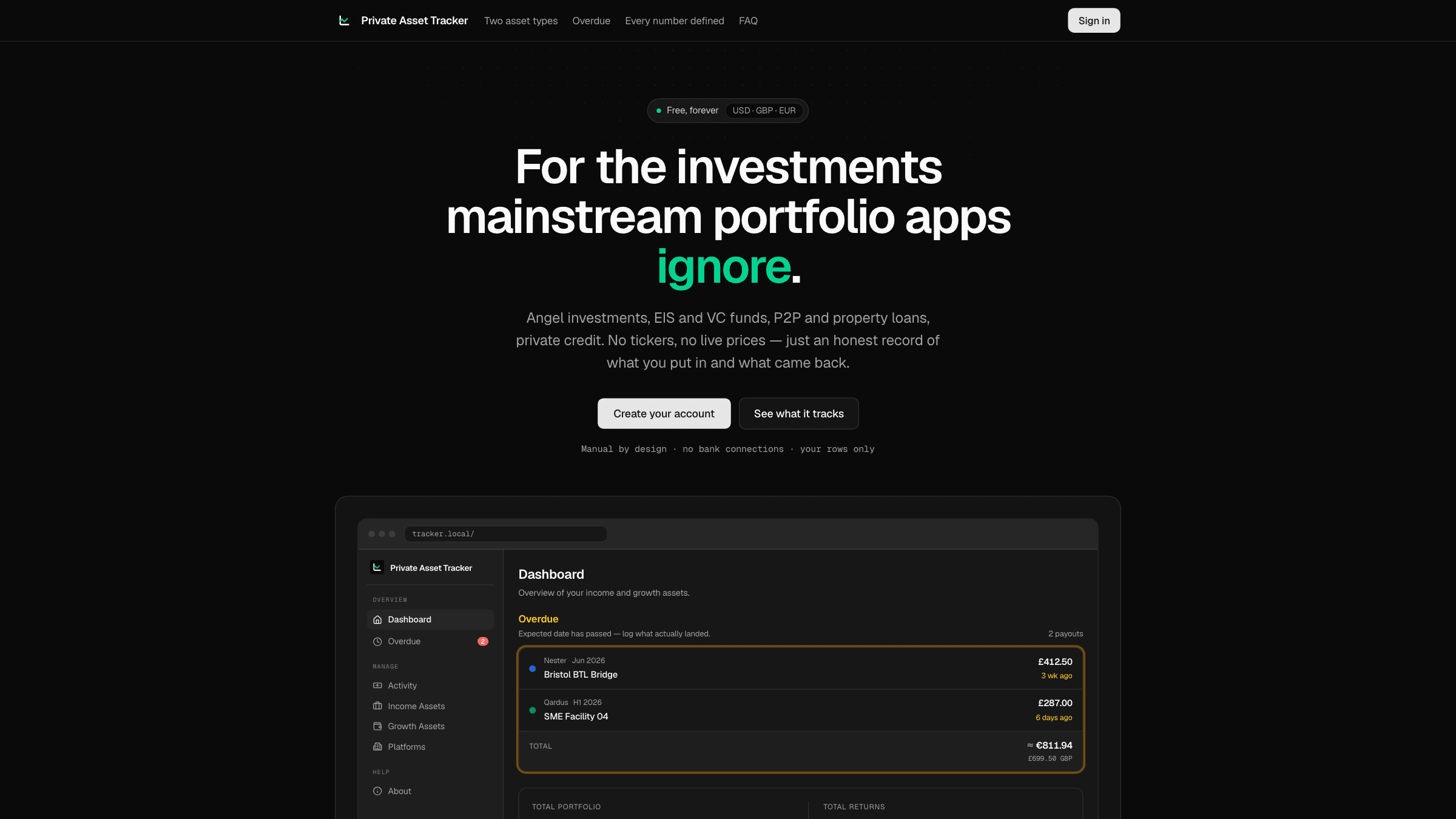 Private Asset Tracker : aperçu du site web