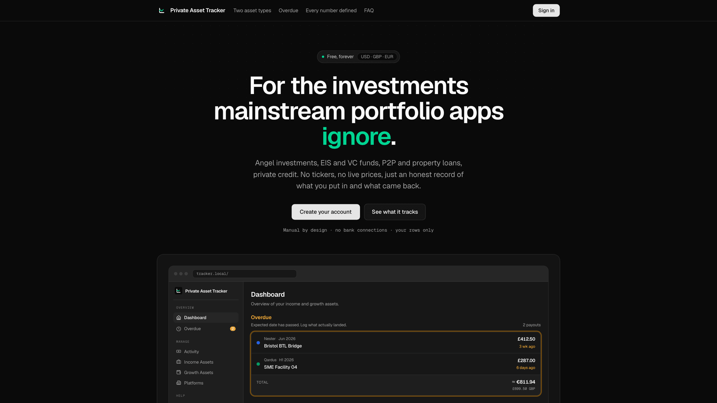 Private Asset Tracker: website preview